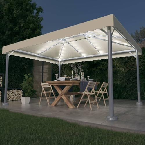 Gecheer Gazebo da Giardino in Alluminio con Luci LED - Doppio Tetto 4x3m in Crema - Padiglione con Stringa
