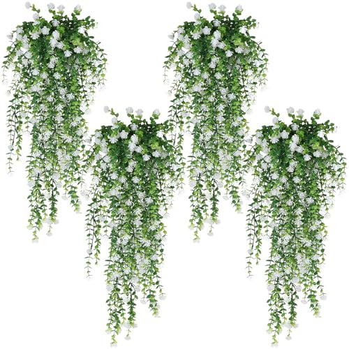 LYPPUL 4 Pcs Artificial Hanging Flowers, UV-Resistant Fake Hanging Plants Flower Bouquet, Fake Hanging Flowers for Wedding Arch Party Garden Home Indoor Outdoor Decor (White)
