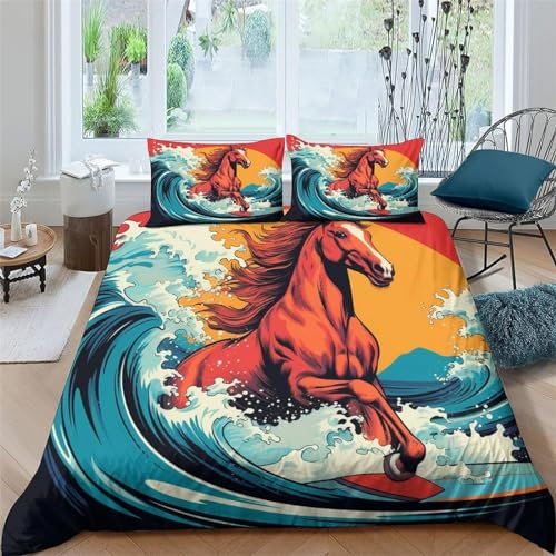 TMMDH Bettwäsche 140x200 Pferd Bettwäsche Set + 2 Kissenbezug 80 x 80 cm Kissenbezug Reißverschluss,Weich Betten Set Für Jugendliche Kinder Schlafzimmer Dekor