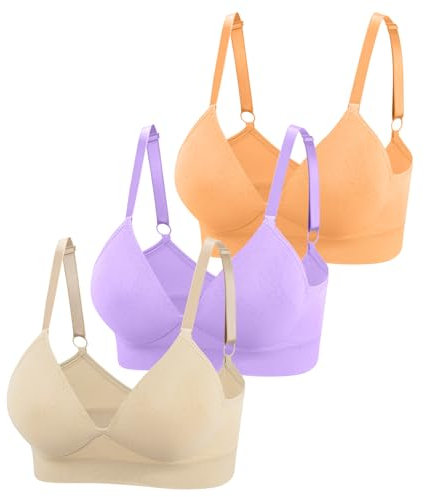 Eleplus 3 Pieces Deep V Non Wired Bras for Women Seamless Comfort Bralettes Lightly Lined Multi Pack (Beige+Purple+Orange,L)
