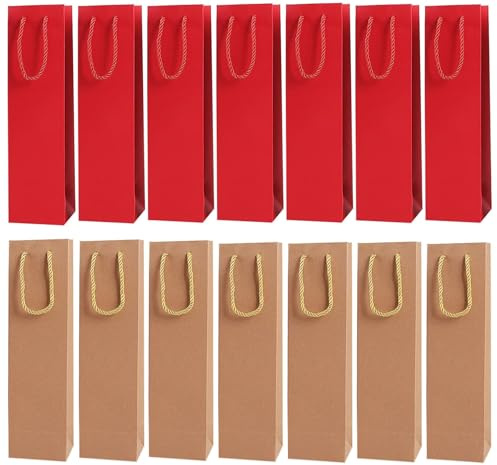 Wein Geschenktasche, 16 Stück Flaschentüten Geschenktüten für Wein Weinflaschenbeutel aus Kraftpapier Einzelne Flasche Weintasche für Weihnachten Jubiläum, Geburtstag Hochzeit und Party, Khaki+Rot
