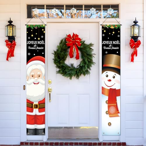 2pcs Bannières de Porte Joyeux Noël Noir Banderole Bonne Année 180x30cm Porche Bannière Suspendu père Noël Bonhomme Flocon de Neige Cloche Étoile Décoration pour Maison Extérieur Fête Noël Nouvel An
