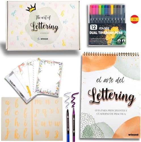 Winund Handlettering Starter Set – Komplettes Handlettering Übungsheft mit Stiften und Postkarten – Kreativ Set für Kinder und Erwachsene, ideal als Geschenk für Mädchen (DEUTSCH) (SPANISH)