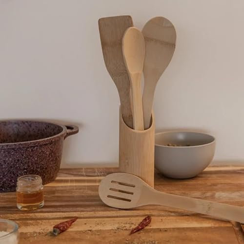 Bamboo Utensil Set with Holder, 5 Pieces, for Kitchen Countertop for Cooking Wooden Spoon