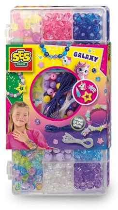 SES Creative 14773 Galaxy Jewelry Bead Set - Skapa magisk enhörning-tema armband och halsband med glow-in-the-Dark pärlor