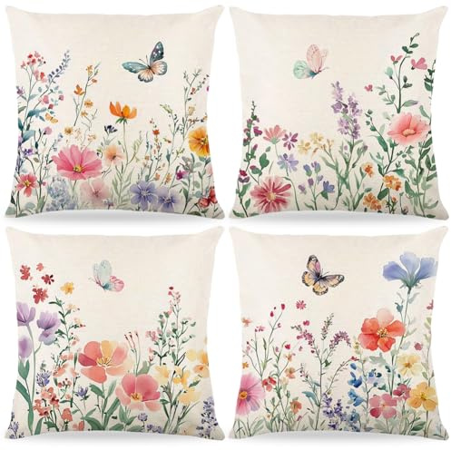 4 Stück Blumen Kissenbezug 40x40cm,Kissenbezüge Frühlings Blumen,Frühling Urlaub Kissenbezug Dekoration,Leinen Kissenhülle Blume Garten Schmetterlinge Und Vögel,Für Sofa Schlafzimmer Dekoration (C)