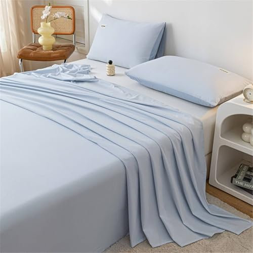 Homxi Drap Ete et 2 Taies d'Oreillers,230 x 245 CM,Linge de Lit Coton Couleur Unie Housse de Matelas Lit Simple Bleu Cair