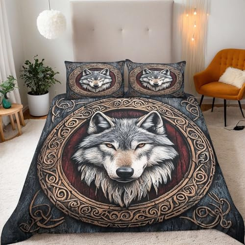 Housse de Couette 200x200 cm + 2 Taies d'oreillers 50x75 Ensemble de Literie 3D Viking Noeud celtique Animal Loup Motif Microfibre Parure de lit 200x200 Set Avec Fermeture éclair et Attaches de Coin