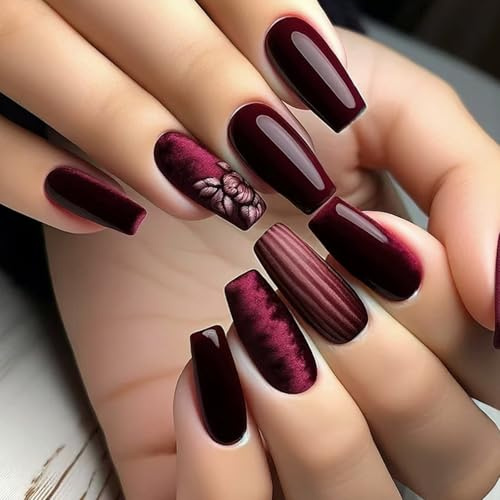 24 Stück French Press on Nails Mittel Quadratische, Dunkelrot Künstliche Nägel, Einfarbig Fingernägel zum Aufkleben mit Nagelkleber Aufkleber, Glossy Acrylnägel Glänzend Falsche Nägel für Frauen