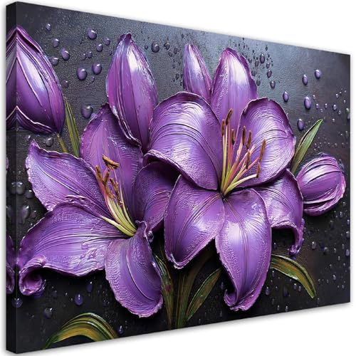 Feeby Quadri Camera Da Letto - Stampa su Tela - Quadro Moderno Soggiorno - Gigli viola Gocce di fiori Rosa - 30x20 cm - Decorazione Da Parete