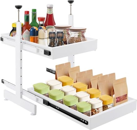 soudesileim 2-Stöckig Teleskopschublade Küche, Ohne Bohren, Länge 41-60cm, Höhenverstellbereich 47-90cm, Tiefe 53cm, Jede Ebene max Tragfähigkeit 10kg, Ausziehbare Schublade (Weiß)