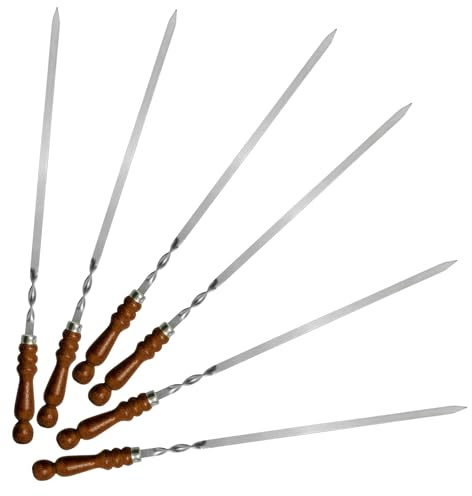 6 st. Set BBQ Edelstahlspieß mit Holzgriff 65 cm lang 1,2cm breit 3mm Stark Grillspieße Schaschlikspieße Barbecuespieß Extra Stark Edelstahl Schampura für Fleisch, Gemüse, Pilze, Kebab Rouladenspieße