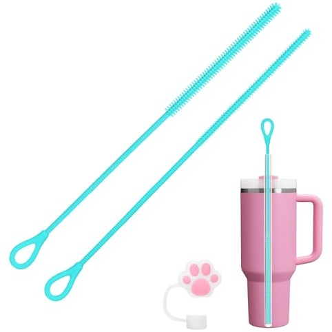 AYESY 2Pcs Silicone Straw Cleaner Brush, Reusable Straw Brush 6mm+9mm | Soft and Bendable, Non-slip Handle Straws Cleaner for Stanley Straws Water Bottles Jars Teapot Spout