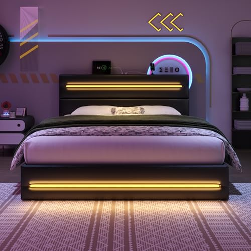 4ft6 Double Ottoman Bed With Storage, Hydraulic Lift Upholstered Bed Frame with LED Lighting & USB & Type C Charging, PU Leather Functional Beds With Adjustable Headboard & Slats, No Mattress, Black