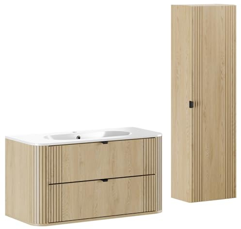 Lomadox Badmöbel-Set 2-teilig Waschtisch 100 cm mit Keramik Waschbecken und Hochschrank in Eiche, Rillen, Softclose, Metallgriffe, abgerundete Kanten