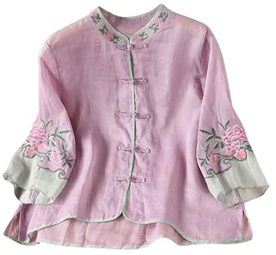 Keepink Cotton Linen Shirts for Women UK Retro Embroidered 3/4 Sleeve Tops Floral Printed Blouses Trendy Summer Boho Blouse Dressy Casual Top Vacation Cardigan Tshirt