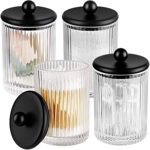 SheeChung 4-Pack Black Ribbed Glass Qtip Holder - Apothecary Jars Bathroom Organizer Set with Lids - Vanity Storage Canisters for Cotton Balls, Pads, Swabs, Floss Picks - Modern Farmhouse