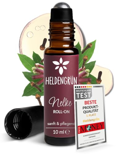 Heldengrün® Clou de girofle bio [100 % naturel] – Arôme chaud épicé Roll-on pour mâchoire, cou et tempes – Testé dermatologiquement – Huile de clou de girofle, huile de jojoba et d'amande – 2 en 1
