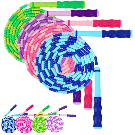  4 Stück Bunte Springseile 2,5m Verstellbar, Springseil Kinder 4–10 Jahre, PVC Perlen Seilspringen Set für Mädchen & Jungen, Langlebiges Sport Springseil für Schule, Outdoor & Fitness