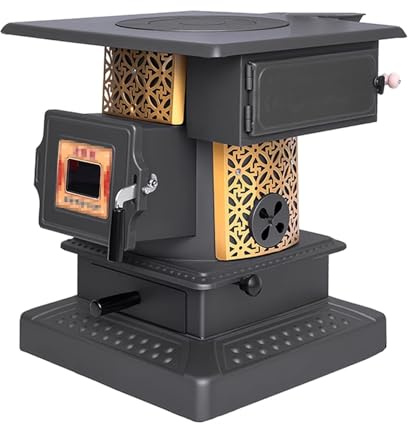 Stufa a legna per interni con finestra di visualizzazione, forno, grande ingresso per legna da ardere e cassetto in frassino per patio e riscaldamento domestico