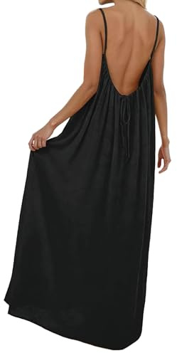 YBEBEWE Women Dresses Backless Sundresses Casual Lounge Solid Color Sleeveless House Dress Long Sundress with Adjustable Back Tie Black