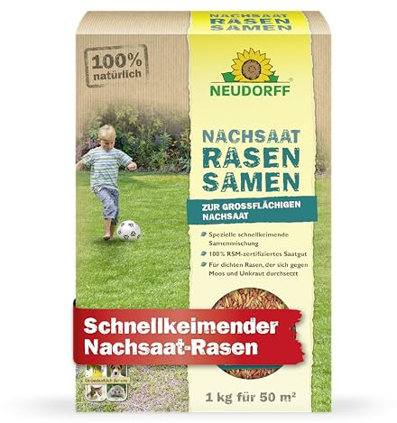 Neudorff Nachsaat Rasensamen – Schnellkeimende Rasensamen mit Keimsicherheit - ideal für die Nachsaat jeder Rasenfläche. Natürlich gegen Moos und Unkraut, 1 kg für 50 m²