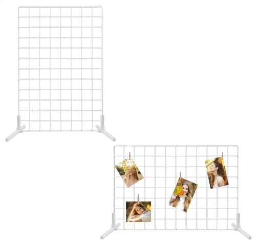 MiDube Juego de 2 paneles de fotos de 43,8 x 29,3 cm con 50 clips, montaje en pared y mesa, rejilla metálica decorativa, color blanco