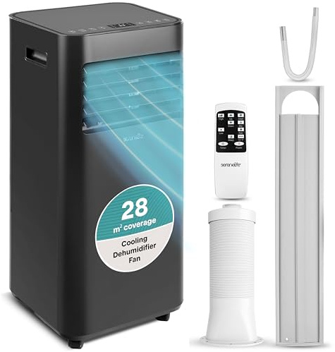 SereneLife Portable Air Conditioner 7000 BTU, Compact AC Unit with Consistent Room Cooling, Dehumidifier & Fan for Rooms up to 28 m², Quiet Energy Efficient Operation with Remote, Window Kit, Black