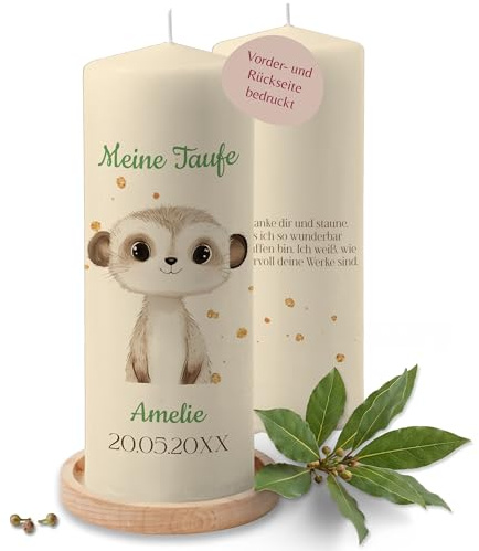 Taufkerze - Taufe - Erdmännchen mit Name Datum Wunschtext - Deko Taufgeschenk personalisiert - 230/78 mm - Elfenbein