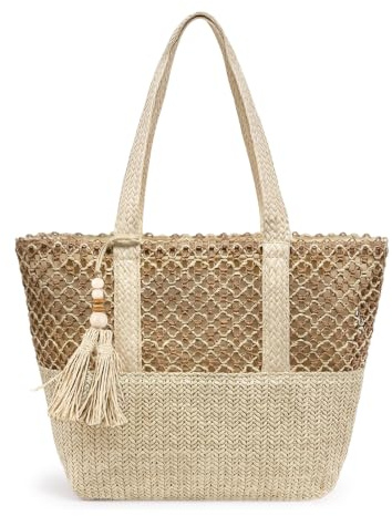 Aucuu Stroh Strandtasche Damen, Faltbare Große Gewebte Strohtasche, Sommer Strandtasche Stroh Groß, Boho Beach Strohtasche mit Reißverschluss, Geflochtene Handtasche für Reisen, Einkaufen, Pendeln
