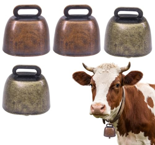 GWEOR 4er Pack Kuhglocke Klein Vintage Glöckchen Deko Glocken Set, Metall Tierglocken Ziegenglocke Weideglocke mit Öse für Schafe, Ziegen, Pferde, Rinder, Basteln (2x Bronze, 2x Rotbronze)