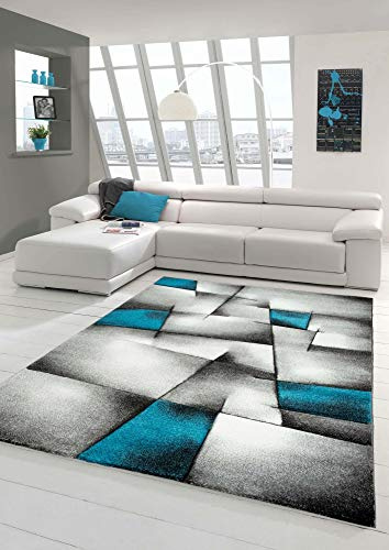 Teppich-Traum Kurzflor Teppich Karo-Patchwork Türkis Grau 120x170 cm | Pflegeleicht, strapazierfähig, allergikerfreundlich und OEKO-TEX geprüft, Konturenschnitt, für Wohn- & Schlafzimmer