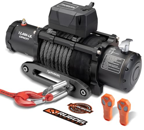 RUGCEL 12000lb Waterproof Electric Winch – 12V Synthetic Rope (100' x 3/8) with Hawse Fairlead, 2 Wireless Remotes + Wired Handle, IP67 Rated, for Truck Trailer