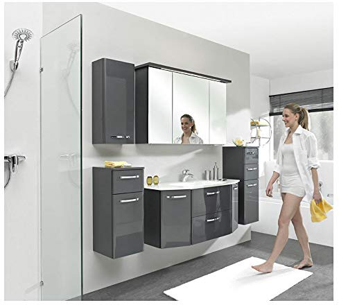 Pelipal - Velo 11 - Badmöbel-Set - 112 cm - 6-teiliges Set, komplett mit Spiegelschrank, Mineralmarmor-Waschtisch usw. in Anthrazit Hochglanz