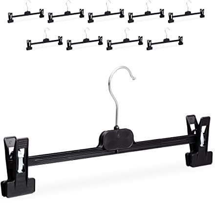 Relaxdays Hosenbügel Kunststoff, 10er Set, Klemmbügel verstellbar, drehbarer Metallhaken, HBT: 14 x 36 x 3 cm, schwarz