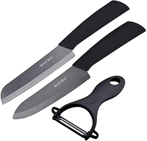 Wolf War Keramikmesser Set mit Schutzhülle, Küchenmesser Set mit 1 gezahnt Brot Knife, 1 Kochmesser und 1 Sparschäler, Kochmesser Sets für Fleisch, Obst, Brot, Gemüse