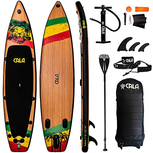CALA Ikatere 2025 Stand Up Paddling Board Set, i-SUP aufblasbar, Robustes Surfboard mit 20% Seegras-Anteil inkl. Voll-Carbon Paddel, Reparatur Kit, Pumpe, Rucksack-Trolley, 3 Finnen, Ventil und Kappe