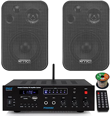 Pyle PFA600BU Compact Bluetooth USB AUX FM Radio Public Address Amplifier Receiver System Combo Bundle with 2X 4 30 Watts Max Power 3-Way in Door/Out Door Black Box Speakers, 16 Gauge Speaker Wire