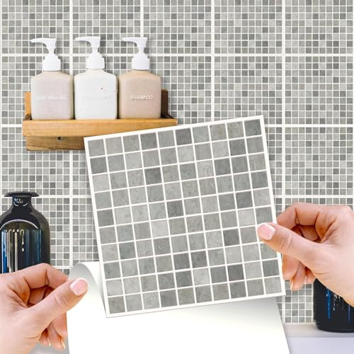 WALPLUS 15cm(6) 24 Pieces Natural Grey Limestone Mosaic Wall Tile Sticker Set Peel and Stick Backsplash Decals Vinyl Home Decors Splashback for Kitchen Bathroom Tile Paint Stick on Wall