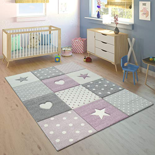 Paco Home Teppich Kinderzimmer Kinderteppich Junge Mädchen Spielteppich Modern Herz Punkte Sterne 3D Effekt Lila Grau Creme, Grösse:133 cm Quadrat