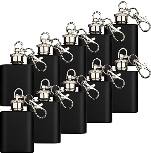 Mini Flachmann 1oz / 28,3 ml mit Schlüsselanhänger aus Edelstahl Stainless Steel kleiner Hip Flask robust Outdoor geeignet praktisch klein (Schwarz Matt - 10 Stk)
