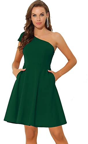 Allegra K Evening Cocktail Dress for Women's Party Elegant Flared One Shoulder Formal Dresses Medium Dark Green