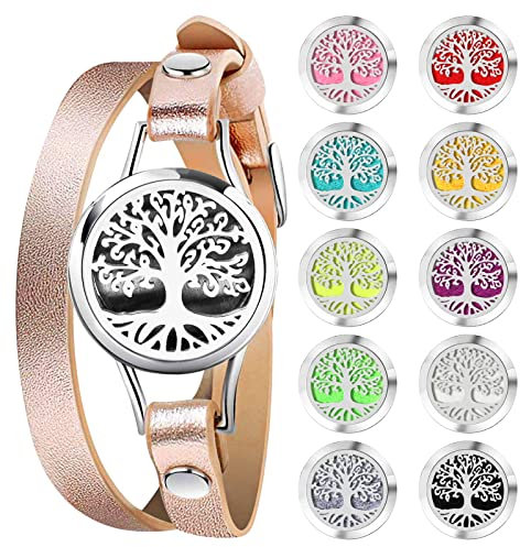 PHOGARY Bracelets de Diffuseur d'huile pour Femmes - Médaillon d'Aromathérapie, 10 Tampons de Recharge, Cadeau de Bijoux pour Mère Amie Sœur Enseignant, Arbre de Vie Rose-a