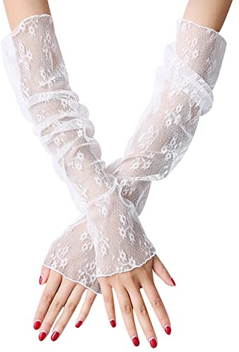 Handschuhe für Damen, Sommer Elegant Spitze Lang Handschuhe Armstulpen Sonnenschutz Fingerlose Handstulpen Hochzeit Brautstulpen Fahrhandschuhe für Hochzeit Party Karneval,Blumen Weiß