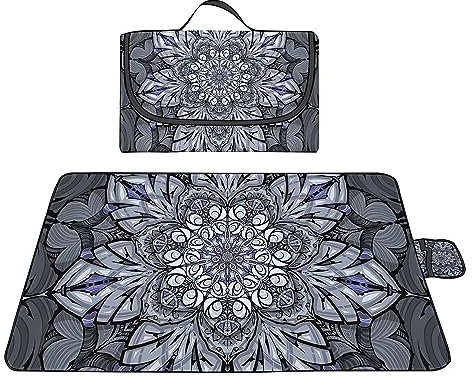 Picknickdecke 200x300cm,XXL Picknickdecke mit Wasserdichter Unterseite,Outdoor Stranddecke Sandfrei,mit Tragegriff Faltbare Picnic Blanket für Camping,Strand,Park,Familie,Konzerte Graues Mandala