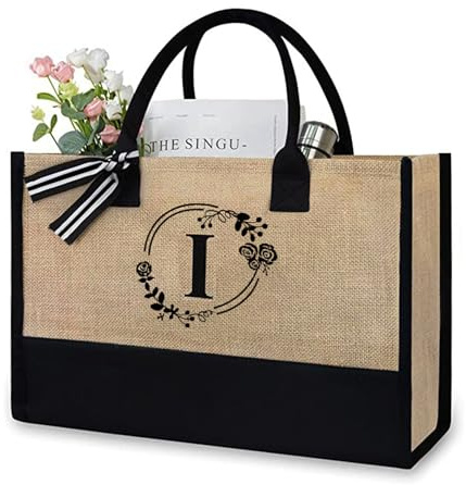 Soulnioi Baumwoll-Jute-Tragetasche, wiederverwendbare Einkaufstasche, personalisierte Blumen-Buchstaben, bedruckte Tasche für Damen/Herren, wiederverwendbare Canvas-Strandtasche, Geschenktasche für