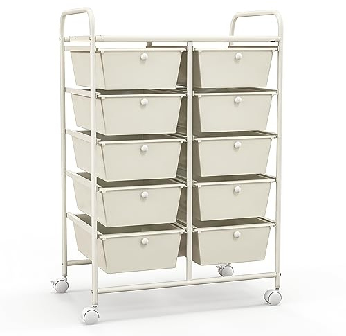 GIANTEX Rullvagn med 10 lådor, stapelbar, lådvagn, badrumsvagn, köksvagn med låsbara hjul, förvaringsvagn hushållsvagn för kök badrum kontor 65,5 x 37 x 87 cm vit