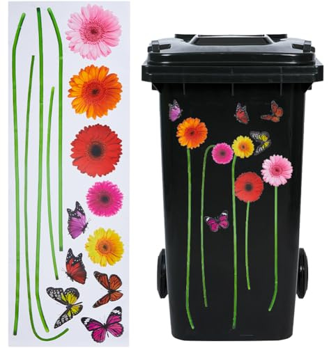 GORGECRAFT 70x25cm Autocollants de Poubelle Grand Gerbera Marguerite Stickers Muraux 3D Floral Papillon Autocollants Marguerite Fleurs Tournesol Décoration Murale Imperméable Auto-Adhésif Peel & Stick