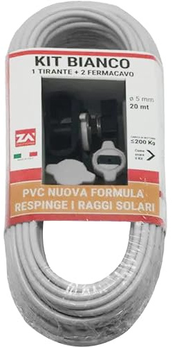 Sicignano | Cavo Bianco per Stendibiancheria, 20 m, Ø 5 mm, da Esterni, Carico fino a 200 kg, Made in Italy - Malleabile, Riciclabile, Facile da Tagliare - Filo Cavetto Stendino (Bianco con Kit)
