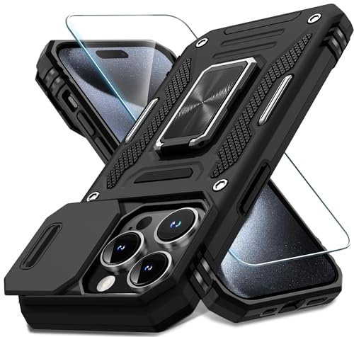 DEERLAMN Case for iPhone 15 Pro Max with Slide Camera Cover+Screen Protector(1 Pack), Rotated Ring Kickstand Military Grade Shockproof Protective Cover 6.7 Inch-Black